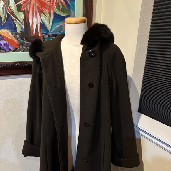 Elegant Brown Wool Long Overcoat with Hood & Real Fur 1990s - sz 10 P or Med - Picture 8 of 16